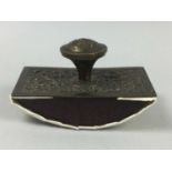 A BRASS DESK INK BLOTTER AND OTHER ITEMS