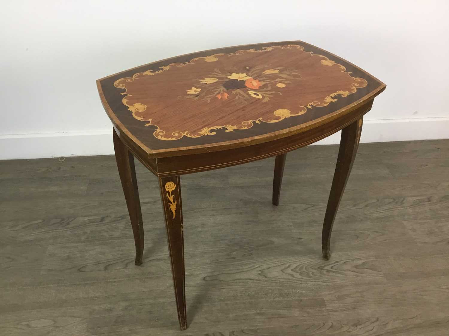 A MARQUETRY INLAID SEWING TABLE ALONG WITH A THREE DRAWER SIDE TABLE AND ANOTHER TABLE - Image 2 of 4