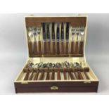 A SUITE OF WOODEN HANDLED STAINLESS STEEL CUTLERY AND OTHER CASED AND LOOSE CUTLERY