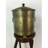 A BRASS COAL BIN ALONG WITH A MAHOGANY JARDINIERE