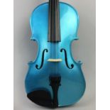 A CHINESE GLITTER BLUE PAINTED VIOLIN WITH BOW AND CASE