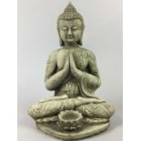 A COLLECTION OF BUDDHA STATUES AND A GLASS TOPPED CIRCULAR OCCASIONAL TABLE
