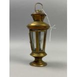 A SMALL BRASS LANTERN ALONG WITH OTHER BRASS WARE AND A CARVED WOODEN BOX