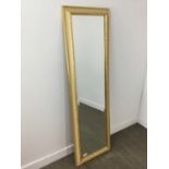 A RECTANGULAR WALL MIRROR AND FOUR FRAMED PRINTS