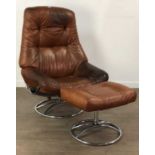 A BROWN LEATHER RETRO REVOLVING CHAIR AND STOOL