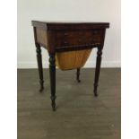 A BURR WALNUT TOPPED SEWING/WORK TABLE AND A VICTORIAN FOOTSTOOL