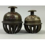 A PAIR OF ENAMELLED BRASS TEMPLE BELLS, AND OTHER ITEMS