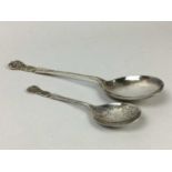 TWO SILVER SPOONS, A SET OF SILVER TEASPOONS AND A PAIR OF BUTTER DISHES