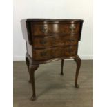 A WALNUT REPRODUCTION DROP LEAF THREE DRAWER NEEDLEWORK TABLE