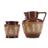 A ROYAL DOULTON EGYPTIAN REVIVAL STONEWARE JUG AND A JAR