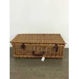 A WICKER PICNIC HAMPER, FLOWER BASKET, LEATHER GLOVES AND FIRST DAY COVERS