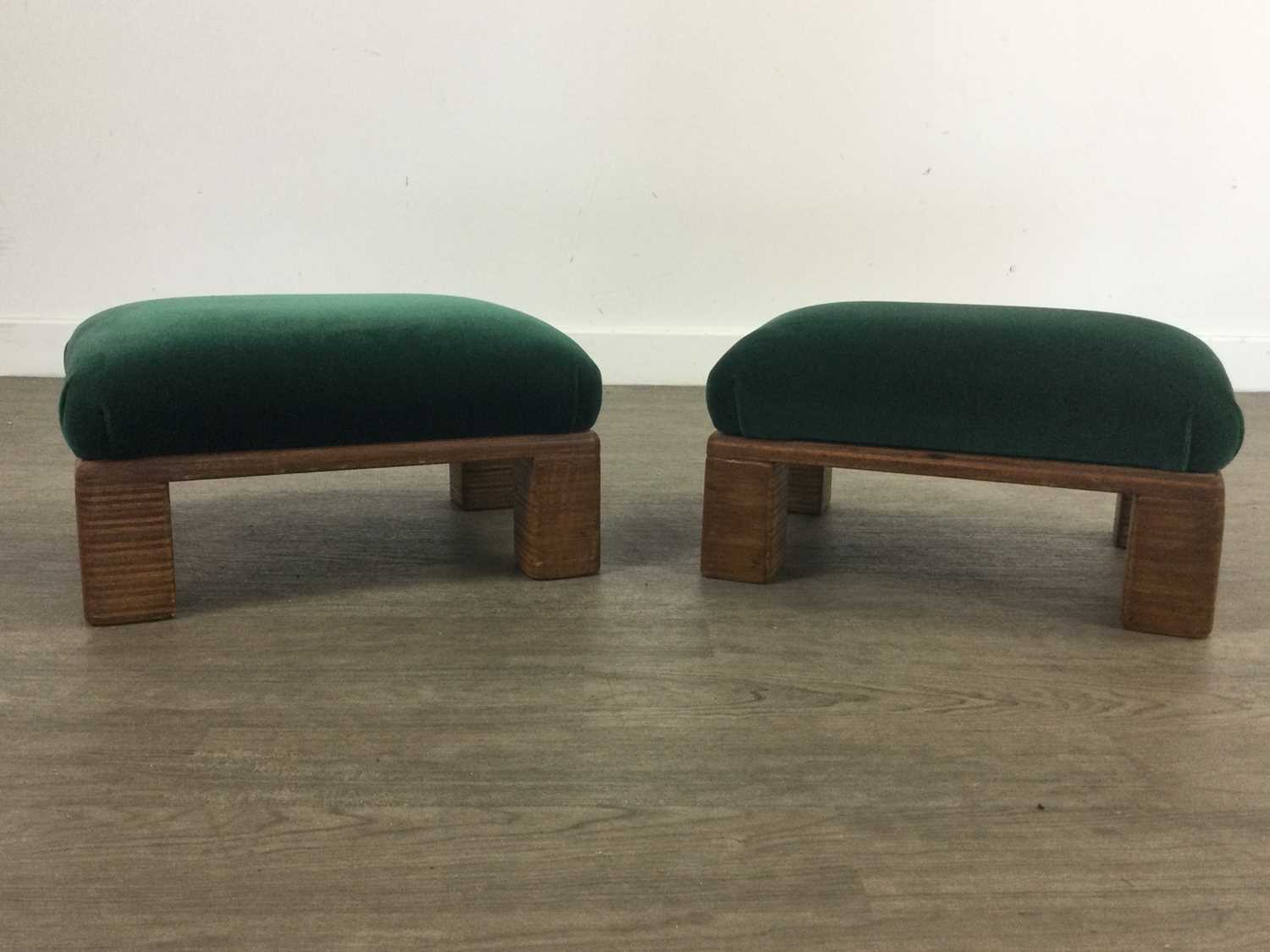 A PAIR OF PINE FRAMED UPHOLSTERED FOOTSTOOLS