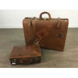 A VINTAGE STITCHED LEATHER SUITCASE AND A SMALLER CASE