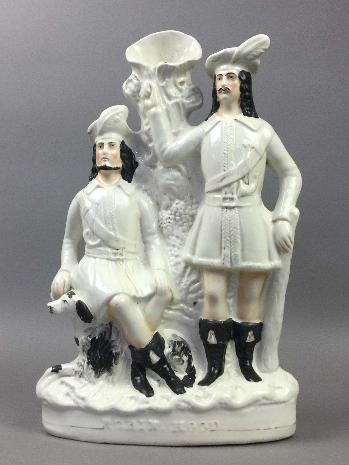 TWO STAFFORDSHIRE FIGURES, ANOTHER FIGURE AND A TRAY