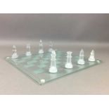 A CHESS BOARD IN GLASS CASE AND A MODERN BAR SKITTLES GAME