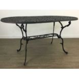 A PAINTED ALUMINIUM GARDEN TABLE, BENCH, FOUR CHAIRS AND PARASOL BASE