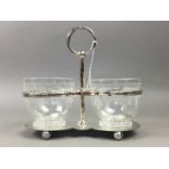AN EARLY 20TH CENTURY PLATED DOUBLE PRESERVE STAND WITH GLASS BOWLS AND OTHER ITEMS
