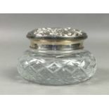 THREE SILVER TOPPED SCENT BOTTES/VANITY JARS AND FURTHER SILVER