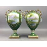 A PAIR OF NORITAKE URN VASES AND TWO SMALL PLATES