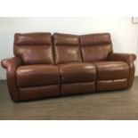 A MODERN BROWN LEATHER SETTEE AND MATCHING ARMCHAIR