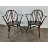 A PAIR OF ERCOL FLEUR DE LYS ARMCHAIRS AND THREE OTHER CHAIRS