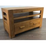 AN OAK VENEER CABINET, COFFEE TABLE AND NEST OF TABLES