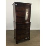A REPRODUCTION MAHOGANY BOW FRONTED TALLBOY CHEST OF SIX DRAWERS AND A CABINET