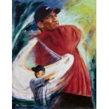 AN OIL PAINTING OF TIGER WOODS BY BEN TEETER