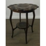 AN OAK CARVED TWO TIER OCCASIONAL TABLE AND A TROLLEY