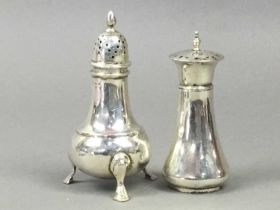 TWO SILVER PEPPER POTS, ALONG WITH SPOONS