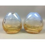 A PAIR OF CAITHNESS STUDIO GLASS VASES AND A BLUE PAPERWEIGHT