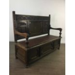 A 19TH CENTURY OAK CARVED HALL BENCH