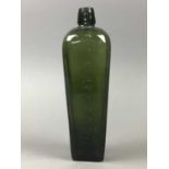 FIVE LATE 19TH CENTURY GREEN GLASS GIN BOTTLES AND TWO OTHERS