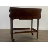 A MAHOGANY DRINKS TROLLEY, FOLDING CAKE STAND AND A TABLE