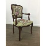 A REPRODUCTION MAHOGANY FRENCH STYLE ARMCHAIR AND ANOTHER