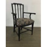 A MAHOGANY FRAMED OPEN ELBOW CHAIR