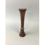 A TREEN CANDLESTICK AND GLASS VASES