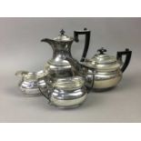 A SILVER PLATED FOUR PIECE TEA SERVICE AND OTHER PLATE, ALSO COPELAND CUPS AND SAUCERS