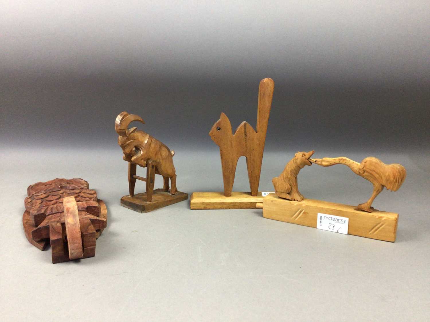 A PORCUPINE QUILL BOX AND WOODEN ANIMAL CARVINGS - Image 2 of 2