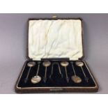 A SET OF SIX SILVER COFFEE SPOONS IN CASE AND A SET OF FIVE SILVER SPOONS IN CASE