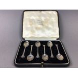 A SET OF SIX SILVER COFFEE SPOONS IN CASE AND PAIR OF SILVER PICKLE FORKS IN CASE
