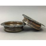 A PAIR OF OLD SHEFFIELD PLATED BOTTLE COASTERS, ENTREE DISH AND A CUT GLASS BOWL