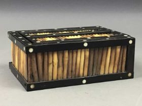 A PORCUPINE QUILL BOX AND WOODEN ANIMAL CARVINGS