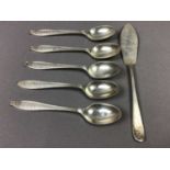 A SET OF FIVE SILVER COFFEE SPOONS AND A SILVER BUTTER KNIFE
