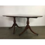 A REPRODUCTION MAHOGANY PEDESTAL DINING TABLE AND SIX CHAIRS