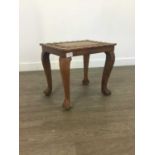 A TEAK OCCASIONAL TABLE AND FOUR STOOLS