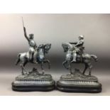 A PAIR OF SPELTER FIGURES OF KNIGHTS ON HORSEBACK