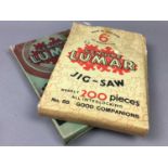 A COLLECTION OF VINTAGE LUMAR BOXED JIGSAWS, A FISHING DIARY, STAMPS AND OTHER ITEMS