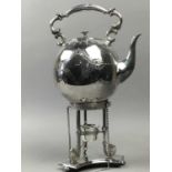 A VICTORIAN SILVER PLATED KETTLE ON STAND