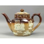 A DOULTON LAMBETH TEA POT, SUGAR AND CREAM AND OTHER CERAMICS